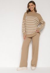 Ciemnobeżowy Komplet z Wełną i Bawełną Sweter w Paski i Szerokie Spodnie Neveena. Brązowe swetry Born2be, l, bez wzorów, z bawełny, eleganckie, bez ramiączek. Za 139.99 zł.