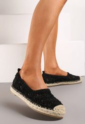 Czarne Espadryle na Plecionej Podeszwie z Ażurową Cholewką z Kwiatami Wavelet. Czarne espadryle Renee, w ażurowe wzory, eleganckie, bez obcasa, na płaskiej podeszwie. W wyprzedaży za 62.99 zł.