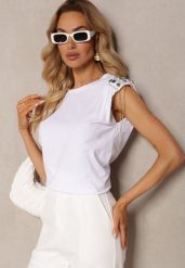 Biały Top z Łańcuszkami i Kryształkami na Usztywnionych Ramionach Liefara. Białe topy Renee, m, bez wzorów, bez kołnierzyka, bez ramiączek. W wyprzedaży za 35.99 zł.