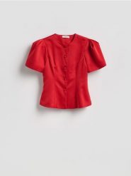 Bluzka z bufkami - czerwony. Czerwone bluzki Reserved, l, bez wzorów, z tkaniny, bez kołnierzyka, bez ramiączek. Za 159.99 zł.
