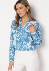 Niebieska Koszula o Luźnym Fasonie w Kwiatowy Wzór Edala. Niebieskie koszule Born2be, l, bez wzorów, bez kołnierzyka, bez ramiączek. Za 39.99 zł.