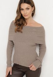 Beżowy Prążkowany Sweter z Wiskozą i Wywiniętym Dekoltem Hediola. Brązowe swetry Born2be, l, bez wzorów, z jeansu, eleganckie, bez ramiączek. W wyprzedaży za 93.49 zł.