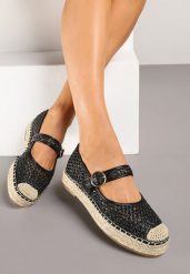 Czarne Espadryle z Plecionki z Ozdobnym Noskiem Sprzączką i Wkładką ze Skóry Eranwena. Czarne espadryle Renee, bez wzorów, ze skóry, biznesowe, bez obcasa. W wyprzedaży za 107.99 zł.