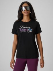 4F T-shirt regular z nadrukiem damski - czarny XL. Czarne t-shirty 4f, xl, bez wzorów, z bawełny, klasyczne, bez kołnierzyka, bez ramiączek. Za 59.99 zł.