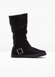 Kozaki zimowe. Czarne kozaki bonprix, na zimę, bez wzorów, ze skóry, bez obcasa, bez zapięcia. Za 149.99 zł.
