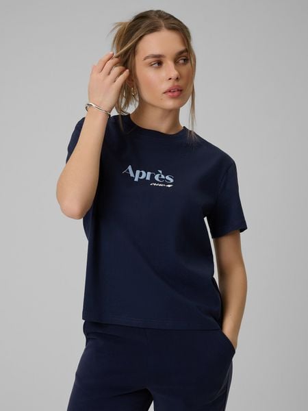 4F T-shirt boxy z nadrukiem damski - granatowy S. Niebieskie t-shirty 4f, s, bez wzorów, z bawełny, bez kołnierzyka, bez ramiączek. Za 69.99 zł.