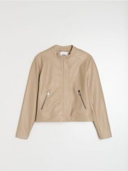 Kurtka biker ze stójką z imitacji skóry - beżowy. Brązowe kurtki Sinsay, l, bez wzorów, ze skóry, bez kaptura. Za 79.99 zł.