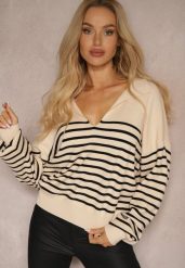 Beżowy Sweter w Paski Ozdobiony Kołnierzykiem i Wycięciem Irinalies. Brązowe swetry Renee, na zimę, bez wzorów, casualowe, bez ramiączek. W wyprzedaży za 55.99 zł.