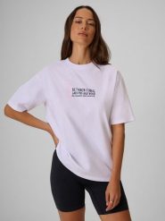 4F T-shirt loose z nadrukiem damski - biały M. Białe t-shirty sportowe 4f, m, bez wzorów, z bawełny, bez ramiączek, trekkingowe. Za 79.99 zł.