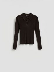 Sweter polo z wełną - brązowy. Brązowe swetry Reserved, l, bez wzorów, z dzianiny, bez ramiączek. Za 129.99 zł.