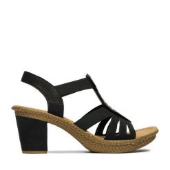 Sandały Rieker. Czarne sandały Rieker, bez wzorów, bez obcasa, na słupku, bez zapięcia. Za 319.99 zł.