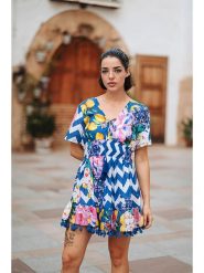 Isla Bonita by SIGRIS Sukienka w kolorze niebieskim ze wzorem rozmiar: L. Niebieskie sukienki Isla Bonita by SIGRIS, l, bez wzorów, z bawełny, bez kołnierzyka, bez ramiączek, mini. Za 108.49 zł.