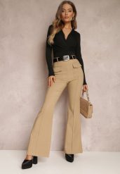 Beżowe Spodnie Dzwony High Waist Fani. Brązowe jeansy Renee, l, bez wzorów, z jeansu, z podwyższonym stanem. W wyprzedaży za 99.99 zł.