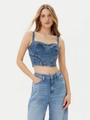 Guess Top W5GH86 D4H7C Niebieski Regular Fit. Niebieskie topy Guess, xs, z aplikacjami, z jeansu, bez kołnierzyka, bez ramiączek. Za 389.99 zł.