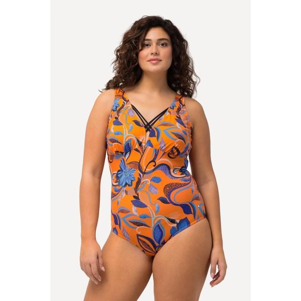 Damski Kostium kąpielowy kwiaty ozdobne tasiemki miękkie miseczki. Brązowe stroje jednoczęściowe Ulla Popken, bez wzorów, z elastanu, sportowe. Za 244.99 zł.