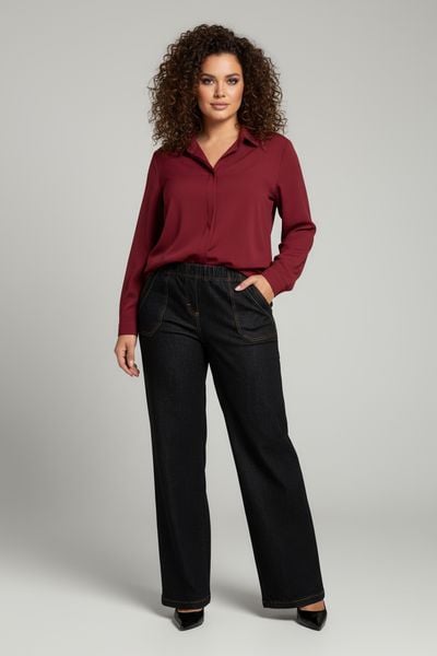 Eleganckie grafitowe spodnie Jeangaliny11 o kroju wide leg PLUS SIZE XXL OVERSIZE JESIEŃ. Szare spodnie materiałowe Moda Size Plus Iwanek, bez wzorów, z bawełny, biznesowe, z podwyższonym stanem. Za 199.90 zł.
