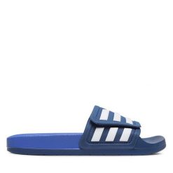 Klapki adidas. Niebieskie klapki adidas, bez wzorów, sportowe, bez obcasa, bez zapięcia. Za 179.99 zł.