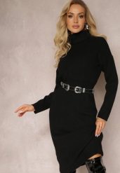 Czarna Dopasowana Sukienka Dzianinowa z Golfem i Wełną Moustie. Czarne sukienki Renee, bez wzorów, z dzianiny, bez kołnierzyka, bez ramiączek, midi, dopasowane. W wyprzedaży za 103.99 zł.
