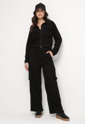 Czarny Komplet Dresowy w Stylu Cargo Bluza ze Stójką i Szerokie Spodnie Arritarra. Czarne bluzy Born2be, m, z aplikacjami, z dresówki, bez ramiączek, bez kaptura. Za 79.99 zł.