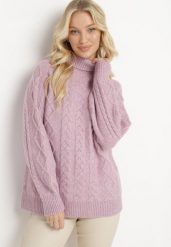 Fioletowy Luźny Golf w Warkoczykowy Splot Gordamia. Fioletowe swetry Born2be, z aplikacjami, ze splotem, klasyczne, bez ramiączek. Za 64.99 zł.