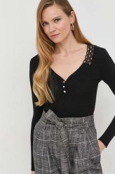 Morgan sweter damski kolor czarny lekki. Czarne swetry Morgan, m, bez wzorów, z wiskozy, bez ramiączek. W wyprzedaży za 109.99 zł.