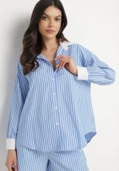 Niebieska Koszula w Paski o Kroju Oversize z Kontrastującymi Wstawkami Menestra. Niebieskie koszule Born2be, l, bez wzorów, z jeansu, eleganckie, bez kołnierzyka, bez ramiączek. W wyprzedaży za 93.49 zł.