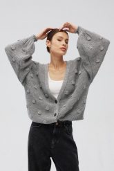 Kardigan zapinany na guziki w kolorze GREY - BUBLE-UNI. Szare swetry Marsala, uniwersalny, bez wzorów, z jeansu, biznesowe, bez ramiączek. Za 349.90 zł.