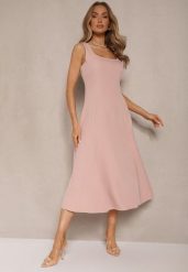 Różowa Rozkloszowana Sukienka w Klasycznym Stylu Deslene. Czerwone sukienki Renee, na co dzień, l, bez wzorów, eleganckie, bez kołnierzyka, bez ramiączek, midi, proste. W wyprzedaży za 76.99 zł.