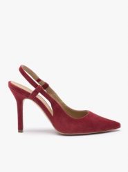 Bordowe czółenka slingback bez pięty ze skóry welurowej. Czerwone czółenka Ryłko, bez wzorów, z gumy, eleganckie, bez obcasa, na szpilce, bez zapięcia. Za 399.99 zł.