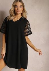Czarna Pudełkowa Sukienka Mini z Koronkowymi Wykończeniami Oirelyn. Czarne sukienki Renee, xl, bez wzorów, z koronki, bez kołnierzyka, bez ramiączek, mini. W wyprzedaży za 69.99 zł.