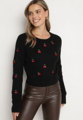 Czarny Sweter z Wiskozą Ozdobiony Haftem z Wisienkami Vaithna. Czarne swetry Born2be, s, bez wzorów, z jeansu, eleganckie, bez ramiączek. W wyprzedaży za 101.99 zł.