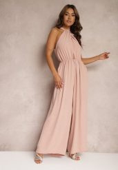 Różowy Taliowany Kombinezon ze Ściągaczem w Talii i Wiązaniem przy Szyi Rivasiris. Czerwone sukienki Renee, do pracy, bez wzorów, biznesowe, bez kołnierzyka, bez ramiączek. Za 79.99 zł.