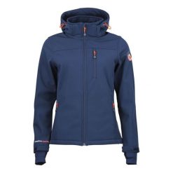 Kurtka damska softshell z kapturem Peak Mountain Aclaude. Niebieskie kurtki przejściowe sportowe Peak Mountain, xl, bez wzorów, z elastanu, z kapturem, trekkingowe. Za 248.50 zł.