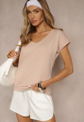 Beżowy T-shirt z Bawełny z Dekoltem w Serek Linithiela. Brązowe t-shirty Renee, l, bez wzorów, z bawełny, bez kołnierzyka, bez ramiączek. W wyprzedaży za 39.99 zł.