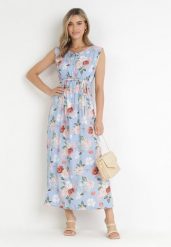 Jasnoniebieska Sukienka Maxi z Rozkloszowanym Dołem i Gumką w Pasie Kimisa. Niebieskie sukienki Born2be, na imprezę, l, bez wzorów, bez kołnierzyka, bez ramiączek, maxi, rozkloszowane. Za 99.99 zł.