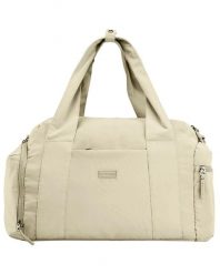Torba sportowa WINGS SOLENNE z kieszenią na buty i pasem na walizkę BEIGE. Brązowe buty treningowe Wings, bez wzorów, z materiału, na ramię. Za 129.90 zł.