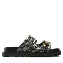 Klapki Guess. Czarne klapki Guess, z aplikacjami, bez obcasa, bez zapięcia. Za 459.99 zł.