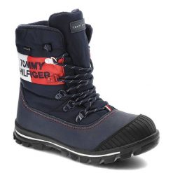Granatowe Śniegowce Tommy Hilfiger Ocieplane Buty Damskie. Niebieskie botki Tommy Hilfiger, z aplikacjami, z materiału, bez obcasa, na obcasie, bez zapięcia. Za 429.00 zł.