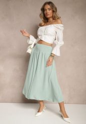Jasnozielone Spodnie Typu Kuloty High Waist o Szerokim Kroju z Marszczeniem Araliannis. Zielone jeansy Renee, bez wzorów, z jeansu, eleganckie, z podwyższonym stanem. W wyprzedaży za 29.99 zł.