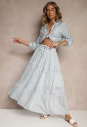 Jasnoniebieska Rozkloszowana Spódnica z Wiskozą Zdobiona Koronką Bannela. Niebieskie spódnice Renee, na co dzień, m, z aplikacjami, z koronki, eleganckie, maxi, dopasowane. W wyprzedaży za 99.99 zł.