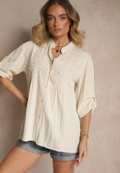 Beżowa Koszula z Wiskozą i Perełkami Tanathiel. Brązowe koszule Renee, z aplikacjami, z jeansu, eleganckie, bez kołnierzyka, bez ramiączek. W wyprzedaży za 67.99 zł.