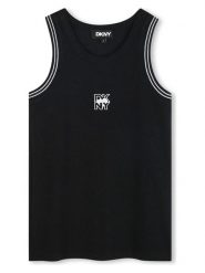 DKNY Top w kolorze czarnym rozmiar: 116. Czarne topy DKNY, bez wzorów, z bawełny, bez kołnierzyka, bez ramiączek. Za 95.99 zł.