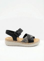Wygodne sandały na koturnie, z wyściełaną wkładką, marki Riekier. Czarne sandały bonprix, bez wzorów, bez obcasa, na koturnie, bez zapięcia. Za 299.99 zł.