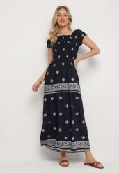 Granatowa Sukienka z Wiskozy ze Wzorem Boho Ellirose. Niebieskie sukienki Born2be, na co dzień, l, z aplikacjami, z wiskozy, boho, bez kołnierzyka, bez ramiączek, maxi. Za 99.99 zł.