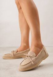 Ciemnobeżowe Mokasyny ze Sznurkiem i Kokardą Samiphia. Brązowe mokasyny Renee, bez wzorów, z jeansu. Za 89.99 zł.