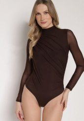 Brązowe Siateczkowe Body z Dodatkiem Wiskozy z Długim Rękawem i Stójką Lianasia. Brązowe body i gorsety Born2be, bez wzorów, z jeansu, bez ramiączek. Za 99.99 zł.