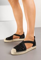 Czarne Ażurowe Espadryle na Płaskiej Podeszwie z Paskami Eleandrel. Czarne espadryle Born2be, w ażurowe wzory, z jeansu, eleganckie, bez obcasa, na płaskiej podeszwie. Za 119.99 zł.