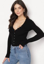 Czarny Rozpinany Prążkowany Kardigan z Wiskozą Korivaria. Czarne swetry Born2be, m, bez wzorów, z jeansu, eleganckie, bez ramiączek. W wyprzedaży za 76.49 zł.