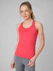 4F Top treningowy slim szybkoschnący damski - czerwony XS. Czerwone topy sportowe 4f, xs, bez wzorów, ze skóry, na fitness i siłownię. Za 69.99 zł.
