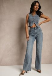 Niebieskie Jeansy High Waist z Szeroką Nogawką Uliswena. Niebieskie jeansy Renee, bez wzorów, z jeansu, eleganckie, z podwyższonym stanem. W wyprzedaży za 95.99 zł.